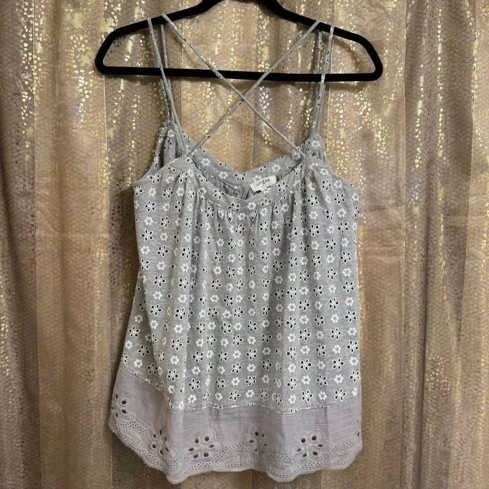 Umgee Heather Gray Eyelet Print Strappy Spring Summer Tank Top Small